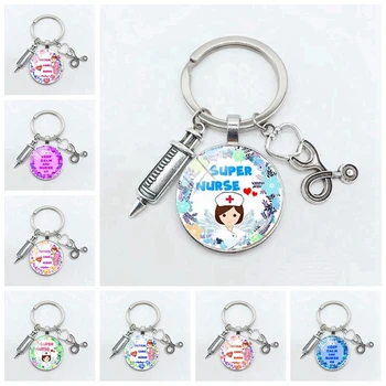 

Latest Home Stethoscope Nurse Syringe Picture Keychain 25mm Round Convex Glass Dome Pendant Men and Women Fashion Charm Keychain