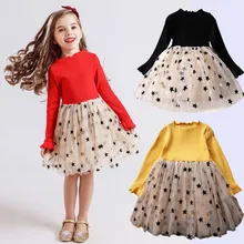 Детские платья для девочек; красное рождественское платье с длинными рукавами; праздничные платья принцессы с рисунком звезды для девочек 3-8 лет; одежда для детей