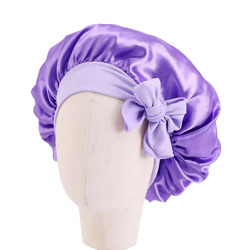 Kids Satin Solid Color Sleeping Hat Night Sleep Baotou Cap Cute Bow Elastic Hair Care Bonnet Nightcap Bonnet Turban Headwear