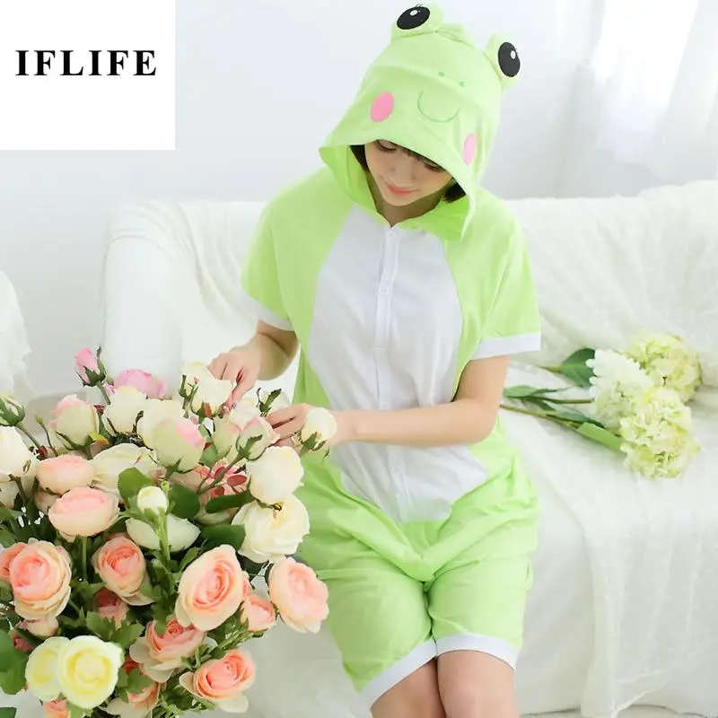 

Summer Cotton Kigurumi Women Men Onesies Cartoon Animal Green Frog Pajama Hooded Short Sleeve Unisex Pyjama Pijama Sleepwear