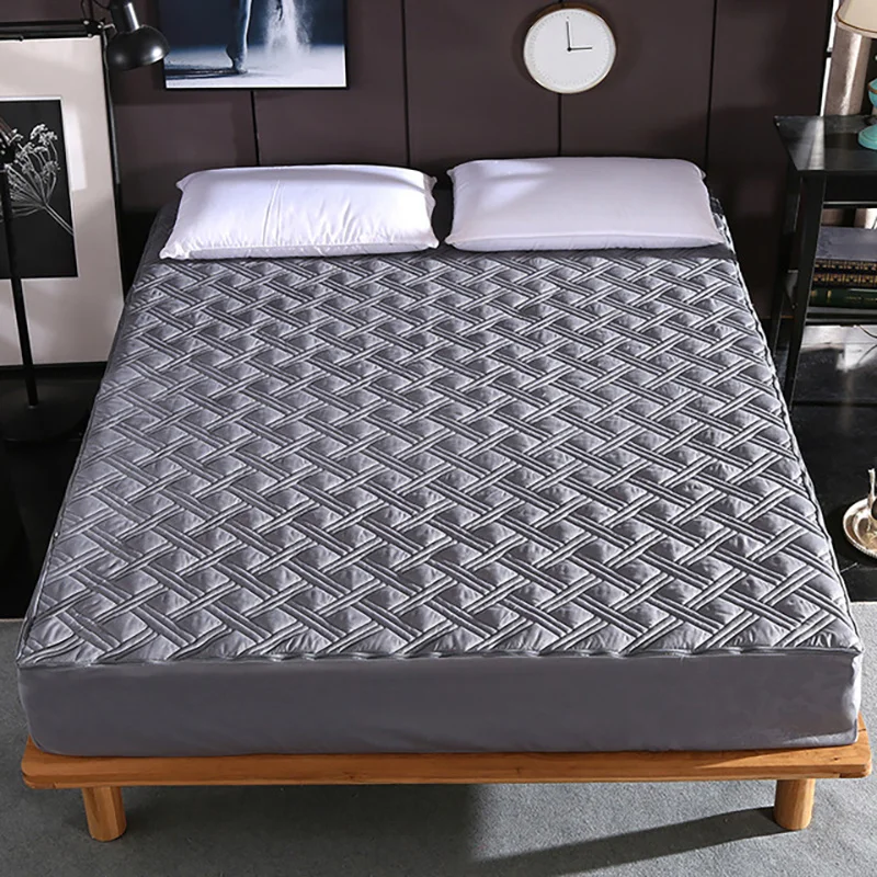 New Six Sides All Inclusive Quilted Mattress Cover Soft Fiber Topper Pad Plain Solid Color Bed Matt