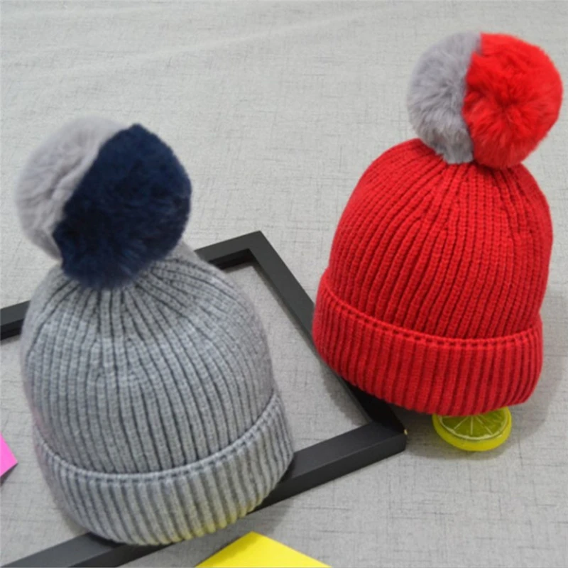 High Quality Cute Winter Baby Children Knitted Hats Double Color Hair Ball Beanies Cap Warm Kids Cap Crochet Boy Girl Fur Hats