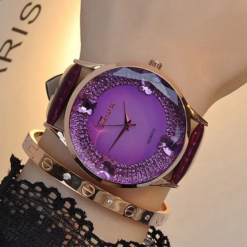 Женские кварцевые часы из натуральной кожи водонепроницаемые цветные алмазные восьмиугольная стеклянная большой циферблат для молодых женщин модные украшения часы - Цвет: Фиолетовый