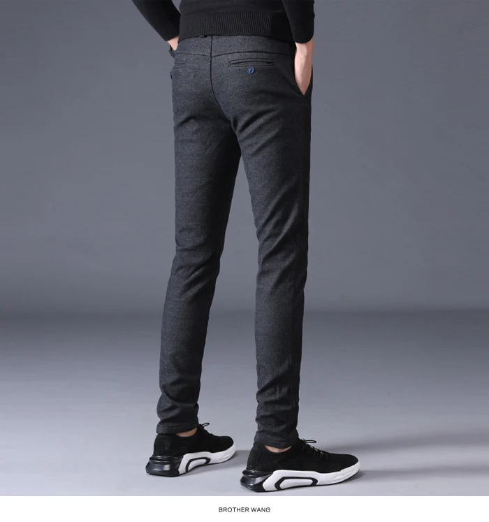 Зимние новые мужские тонкие толстые повседневные брюки Бизнес Мода Теплые обтягивающие брюки черный серый мужской бренд
