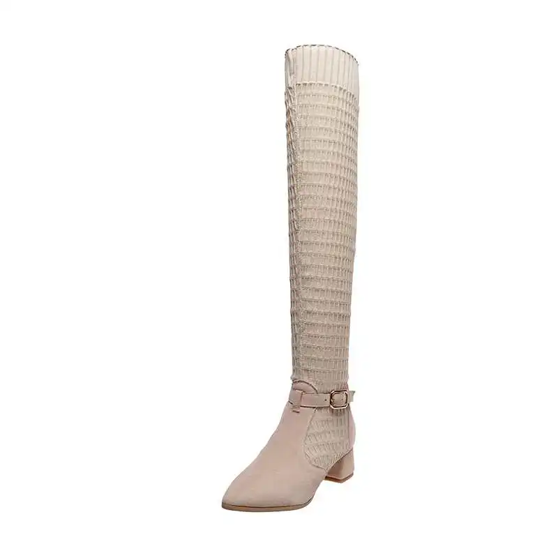 Vichelo Hot Internet star cow suede stretch fabric pointed toe med heels buckle straps winter women warm over-the-knee boots L77