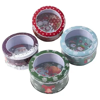 

4PCS Round Transparent Lid Candy Tin Tinplate Gift Candy Container Storage Box Organizer Candy Tin Small Gift Christmas 85WC
