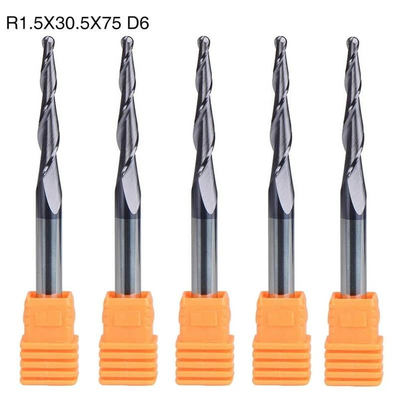 5Pcs 6mm Shank Carbide Tapered Ball Nose End Mill Bits R1.5mm 2 Flute CNC Tools