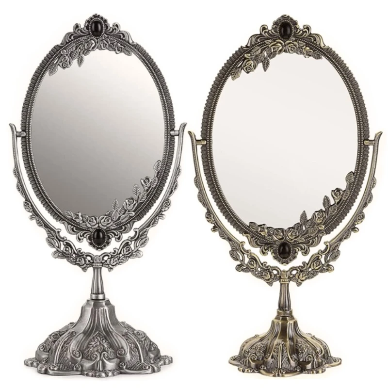 Metal Tabletop Antique Makeup Mirror with Stand Vintage Swivel Double Sided Cosmetic Desktop Dressing Mirror Drop Shipping