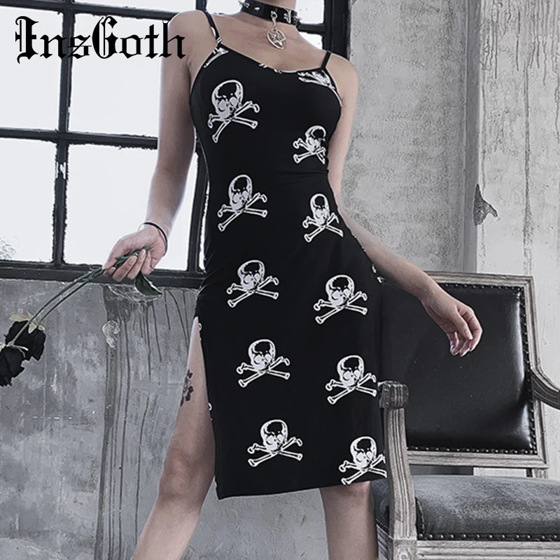 Online InsGoth Sexy Spaghetti correas ceñido vestido mujer gótico cráneo estampado negro vestido de fiesta moda Streetwear Slit mujer rodilla vestido