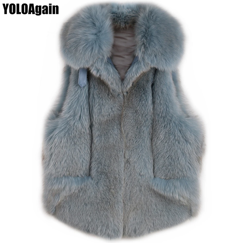 

YOLOAgain high quality women natural fox fur vest winter fashion ladies turn-down collar real fox fur gilet
