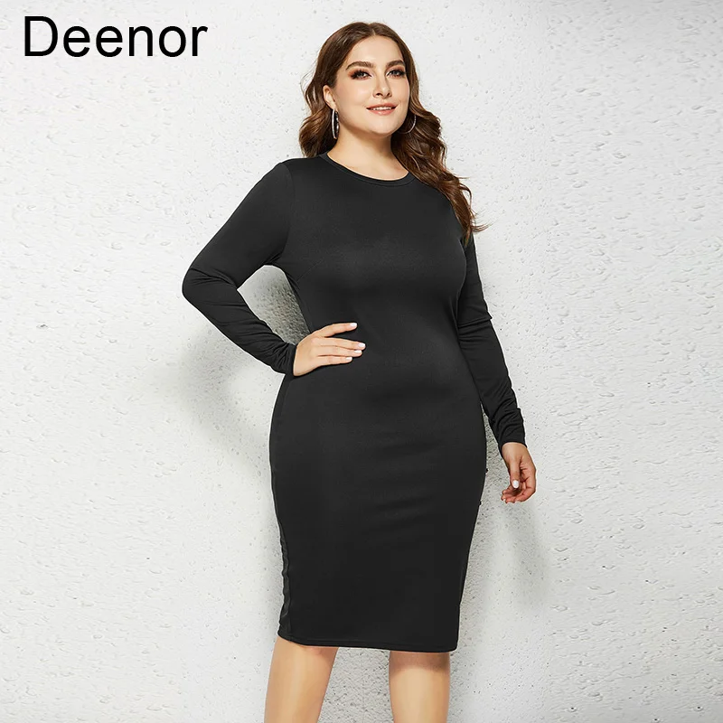 Deenor Plus Size Women's Dress Soild  O Neck Skinny Package Hip Elegant Dresses for Women Dresses Long Sleeve Evening Dresses