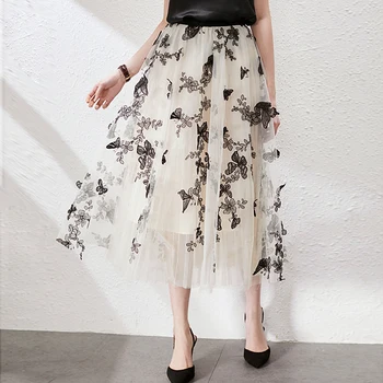

Pleated Skirts Women Design High Waist 100% Polyester Mesh Mid-Length Skirt Flowers Embroidered Elegant Style New Fashion