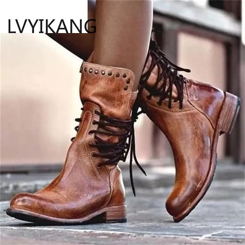 New Autumn Women boots Retro Female Shoes Block Motorcycle Booties Plus Size Shoes Leather Shoes Low Heel Mid Calf Boots