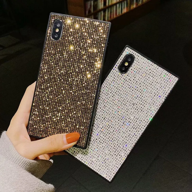 Роскошное блестящее со стразами квадратная коробка для iPhone 11 Pro Max 7 8 Plus X XR XS