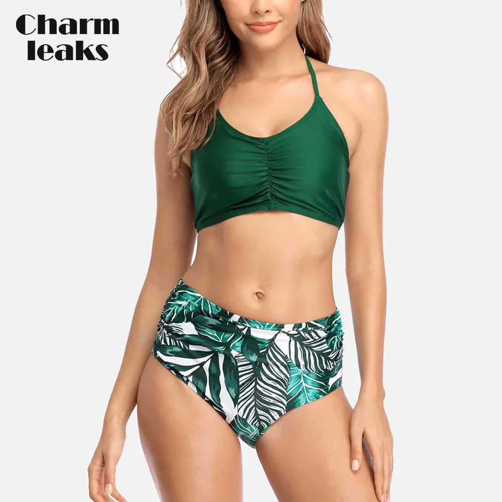

Charmleaks Women Bikini Set Leaf Print Swimsuit Halter Push Up Swimwear Back Bandaged Bathing Suit Sexy Beachwear