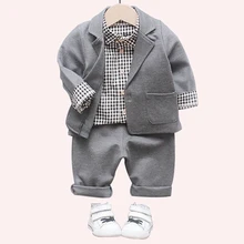 Одежда для малышей рубашка в клетку+ куртка+ штаны, комплект из 3 предметов, одежда для мальчиков, костюм с блейзером детская одежда весенне-осенние деловые костюмы для мальчиков
