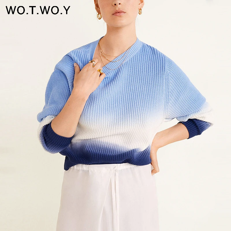 

WOTWOY 2019 Autumn Winter Fashion Causal Sweater Women O-ncek Patchwork Dyeing Gradient Pullover Soft Touching Blue Women Tops