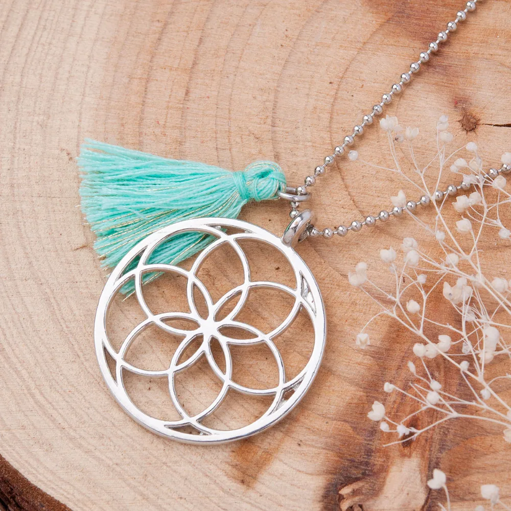 

Doreen Box Handmade Seed Of Life Pendants Necklace Flower of Life Mint Green Tassel Summer Fashion Women's Jewelry 53cm, 1 Piece