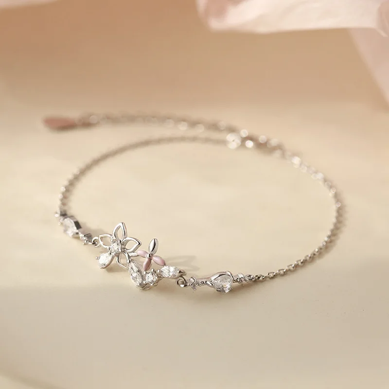 韓国発【Hei】(Silver925) crystal flowers bracelet☆追跡送 Fashion Korean 925 Sterling Silver Link Chain Crystal Flower