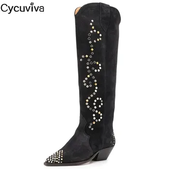 

High Quality Suede Studded Knee High Boots Women Point Toe Slip On Mules Square Heels Shoes Woman Comfortable Winter Long Boots