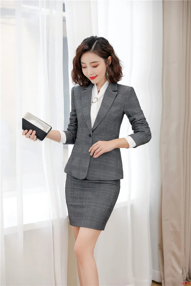 Формальный Серый Блейзер женские деловые костюмы с юбкой и курткой наборы Дамская Рабочая одежда OL