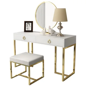 

Custom Modern Golden Iron Metal Wooden Dresser Stool Chair Table Desk Mirror Soft Leather Velvet Footstool Home Bedroom Ottoman