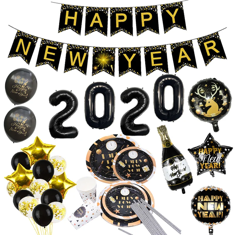 

1Set Happy New Year Banner 2020 New Year Party Decorations Garland for Home Christmas Ornament Foil Balls Cartoon Animal Balloon