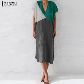 

ZANZEA 2020 Fashion Patchwork Midi Dress Women's Summer Sundress Female V Neck Short Sleeve Long Vestidos Kaftan Causal Robe 5XL