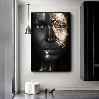 Black Women with Golden Color Artworks Printed on Canvas 3