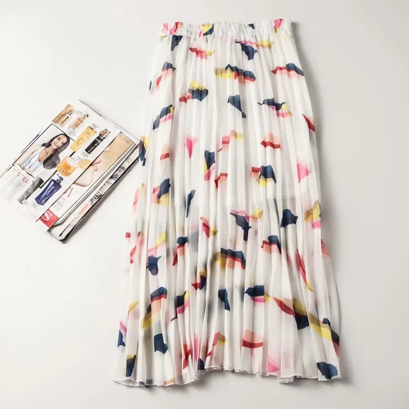 

H1 #2019 Summer New Style Western Style Elastic Waist Pleated Printed Skirt