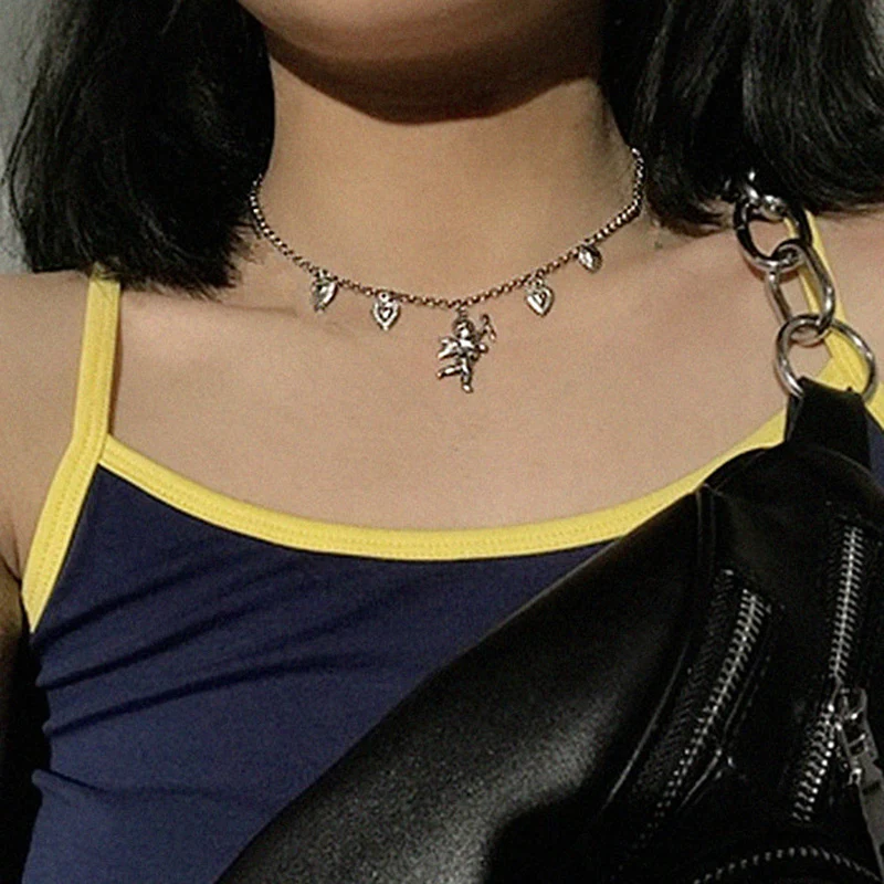 Angel Necklace Pendants Bijoux Collares Clavicle-Chain Cupid Women Choker Heart-Shaped