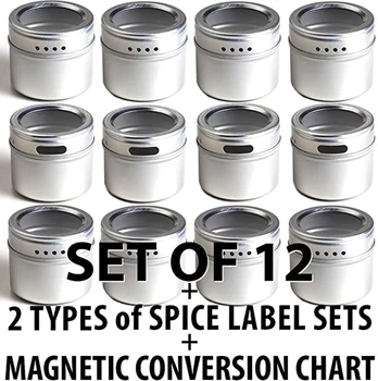

12 Magnetic Spice Tins & 2 Types of Spice Labels, 12 Storage Spice Containers, Window Top w/Sift-Pour. Rack Magnetic On Refriger