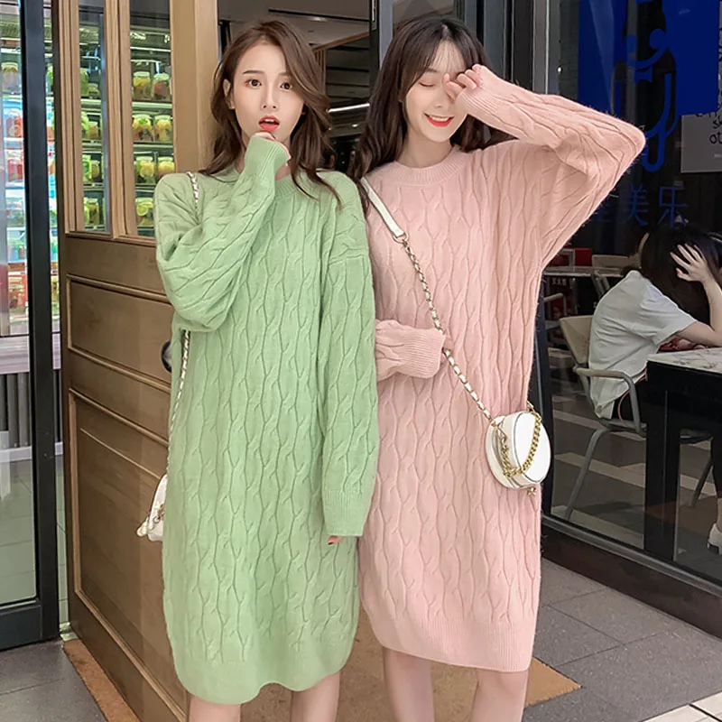 

Autumn Winter Sweater Dresses Women Long Sleeve Crochet Knitted Dress o Neck Knee Length Sweater Dress Female Clothing