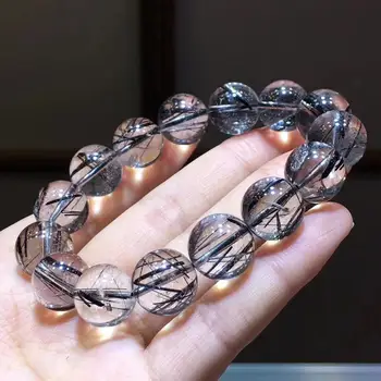 

Genuine Natural Black Rutilated Quartz Crystal For Women Men Bracelet 14.2mm Clear Round Beads Wealthy Stone From Brazil AAAAA