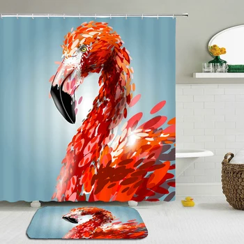 

2Pcs/Set Flamingo Bath Curtains Shower Curtain Mat Set Bathroom Waterproof Cloth +Non-slip Mat Rug Toilet Floor Bathroom Decor