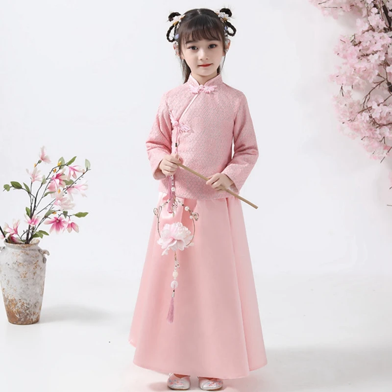 Hanfu/осенне-зимние модели для девочек; костюм в китайском стиле со стоячим воротником и длинными рукавами; утепленная элегантная одежда для девочек на год