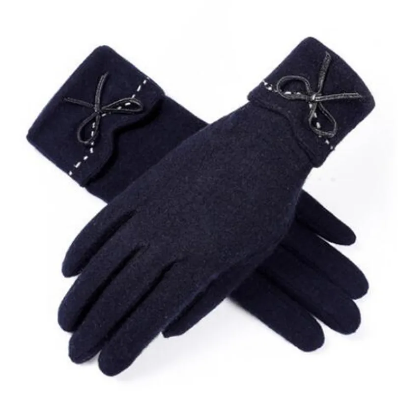 YRRETY, зимние модные теплые шерстяные кашемировые кружевные перчатки для женщин, украшенные бантом, женские перчатки на полный палец, хорошее качество, варежки - Цвет: New 2 Dark blue