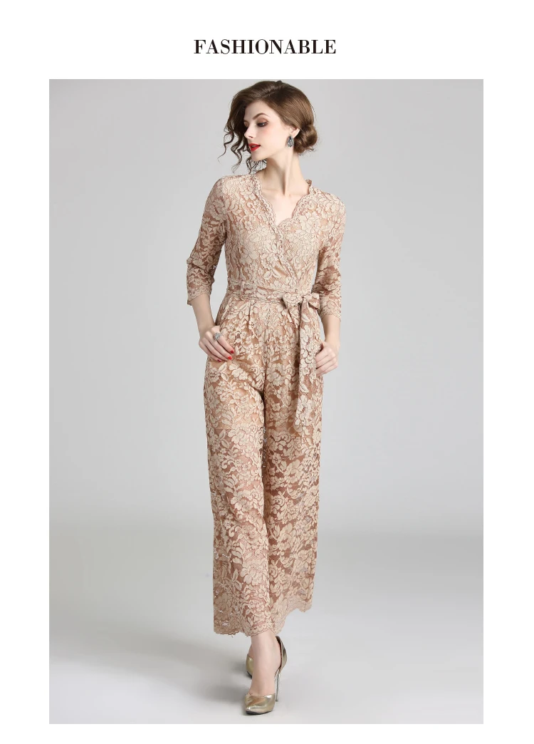 Элегантный кружевной комбинезон для женщин, вечерние, для клуба, Boho, комбинезон с v-образным вырезом, длинный комбинезон, широкие штаны, комбинезоны, комбинезоны для офисных леди