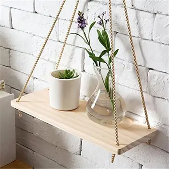 

Premium Wood Swing Hanging Rope Wall Mounted Shelves Plant Flower Pot Rack indoor outdoor decoration simple design Shelves