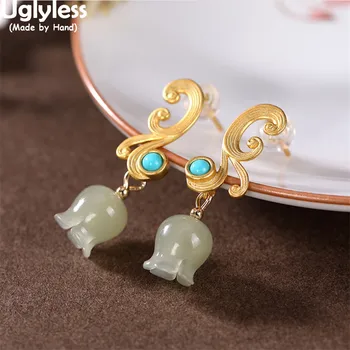 

Uglyless Exotic Eastern Beauty Vines Studs Earrings for Women Lily of valley Floral Jade Earrings 925 Silver Jewelry Turquoise
