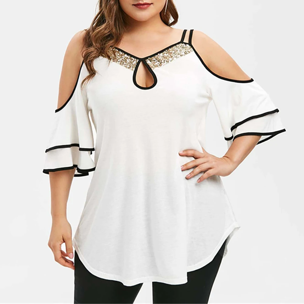 

New Korean Clothes Large size stitching sequined ruffled sleeve top off- shoulder Loose Large Size tops D30