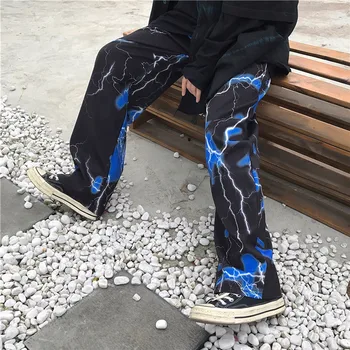 

Focal20 Streetwear Lightning Print Women Jogger Pants Loose Wide Leg Female Trousers Elastic Waist Autumn Lady Bottoms Pants