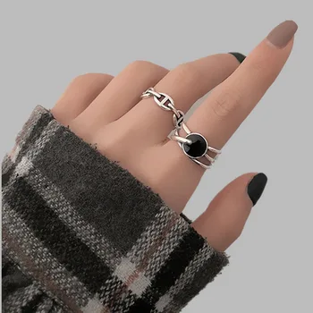 

ANENJERY Irregular Mutil-layer Thai Silver Open Ring For Women Round Black Drop Glaze Finger Ring Wholesale S-R629