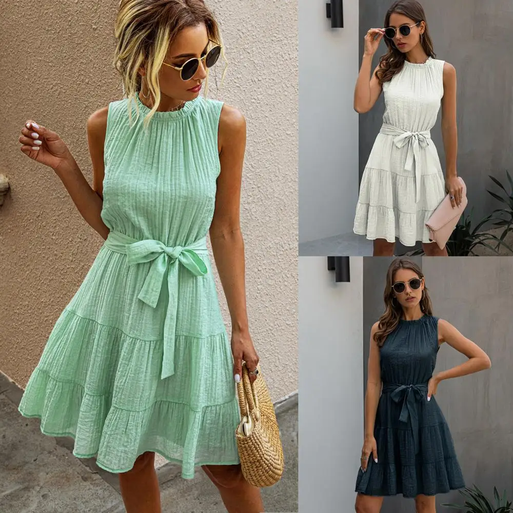 

New 2020 Summer Women O-neck Solid Sleeveless Sashes Midi Dress Sexy Fashion Casual Loose Draped Elegant Female Princess Dress