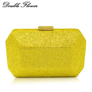 

Double Flower Dazzling Yellow Crystal Women Evening Clutch Wedding Cocktail Metal Clutches Handbag and Purse Chain Shoulder Bag