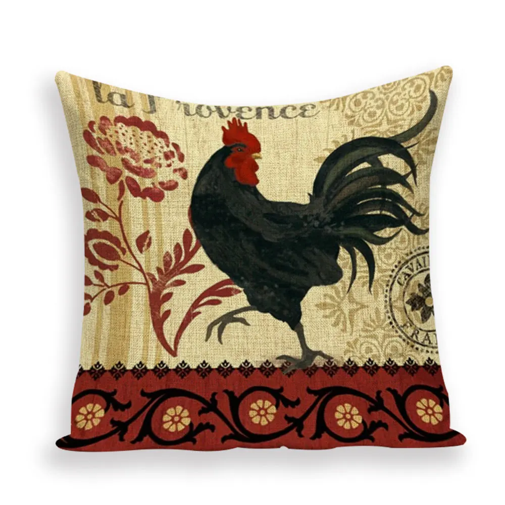 Vintage Linen Chicken Rooster Pattern Pillow Case Sofa Waist Throw Cushion Cover 