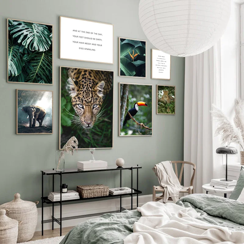 

Nature Forest Animal Canvas Wall Print Tropical Plant Leaf Art Painting Leopard Elephant Poster Modern Home Decoration Pictures