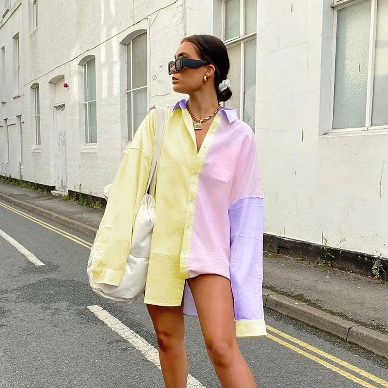 IAMSURE Macaron Colorblock Women Casual Loose Shirts Long Sleeve Oversize Ladies Blouses Streetwear Autumn Fashion Clothes