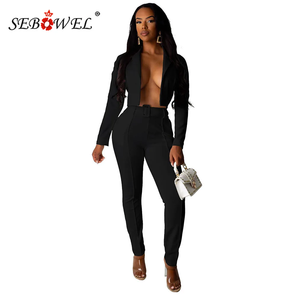 

SEBOWEL Autumn Woman Long Sleeve Neon Pants Suits Blazer + Pants with Belts Elegant Business 2 Pcs Sets Office Lady Outfits S-XL