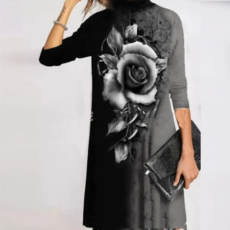 

Women Floral Print Dress Fashion Vintage Elegant Casual Party Dress High-collar Loose Lady Dress Long-sleeved Long Dress Vestido